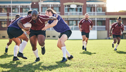 Rugby, training and tackle with a team on a field together for a game or match in preparation of a competition. Sports, fitness and running with a group of men outdoor on grass for club practice