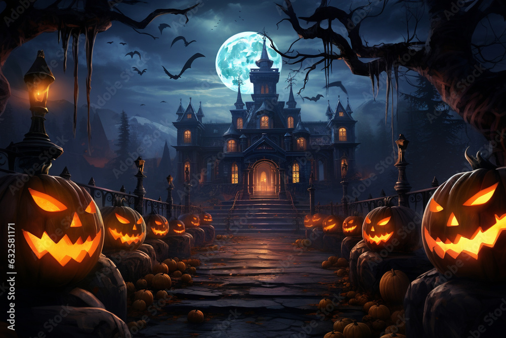 Wall mural Design an enchanting Halloween storybook cover, with pumpkins as the central characters, embarking on a magical adventure under the moonlit sky.