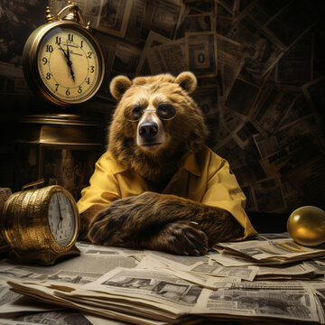 Gold Bear And Clock And Newspaper