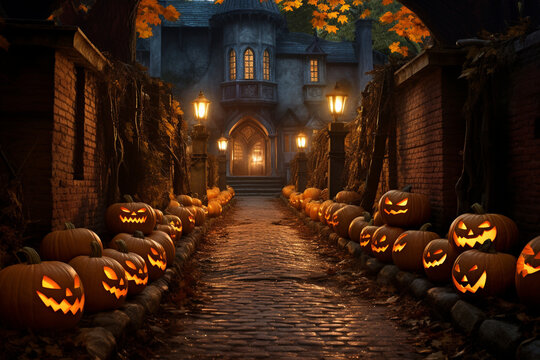 Create a captivating photo of pumpkins lined up along a cobblestone path, leading to a haunted mansion, evoking a sense of mystery and anticipation." Generative AI