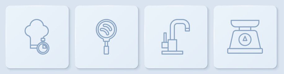 Set line Chef hat, Water tap, Frying pan and Scales. White square button. Vector