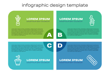 Set line Seeds in bowl, Flower glass bottle, Meteorology thermometer and Cactus peyote pot. Business infographic template. Vector