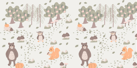seamless childish pattern with bear, squirell, owl © ZhumaStudio
