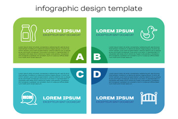 Set line Speech bubble mom, Yogurt in bottle with spoon, Baby crib cradle bed and Rubber duck. Business infographic template. Vector