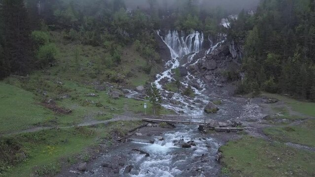 Waterfalls, Bi de Sibe Bruenne, sources of the Simme, drone shot, Lenk, Bern, Switzerland, Europe