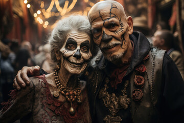 Senior couple dressed up in Halloween costume. A man and woman went to a Halloween party in spooky creations and make up. Dia de Muertos. Celebration of Mexico's Day of Dead. Generated Ai