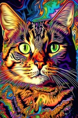 American Wirehair cat psychedelic look. Generative AI