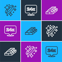 Set line Gold ring, Stacks paper money cash and bars 24k icon. Vector