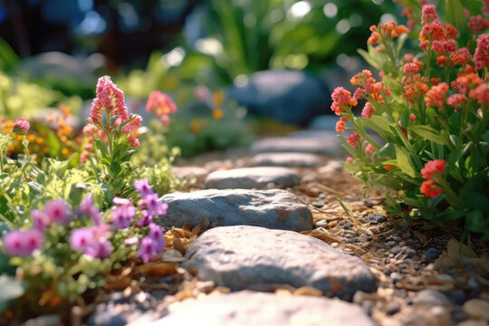 Closeup Of Rock On Garden Path Against Backdrop Of Unfocused Blooming Flowers. Generative AI