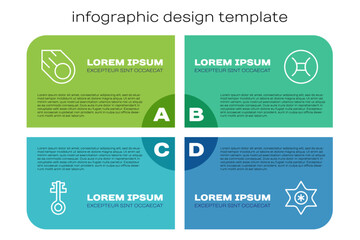 Set line Old magic key, Comet, Falling star and Gemini zodiac. Business infographic template. Vector