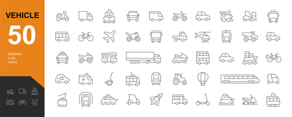 Vehicle Line Editable Icons set. Vector illustration in modern thin line style of transport icons types: taxi, train, helicopter, bus, ship, plane, tram and more. - obrazy, fototapety, plakaty
