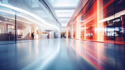 Abstract blur of a department store or shopping mall. Blurred image suitable for background use. Modern shopping mall corridor and storefront.

Generative AI.