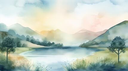 Tranquil lake and rolling hills. watercolor landscape backdrop