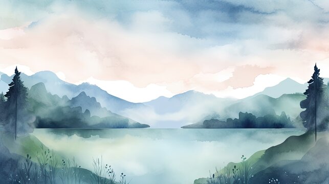 watercolor landscape background featuring rolling hills and a tranquil lake