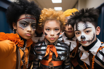 A group of kids of different nationalities of elementary school age at a Halloween party at school. Wide angle shot of kids in spooky disguises and makeup. Generated Ai
