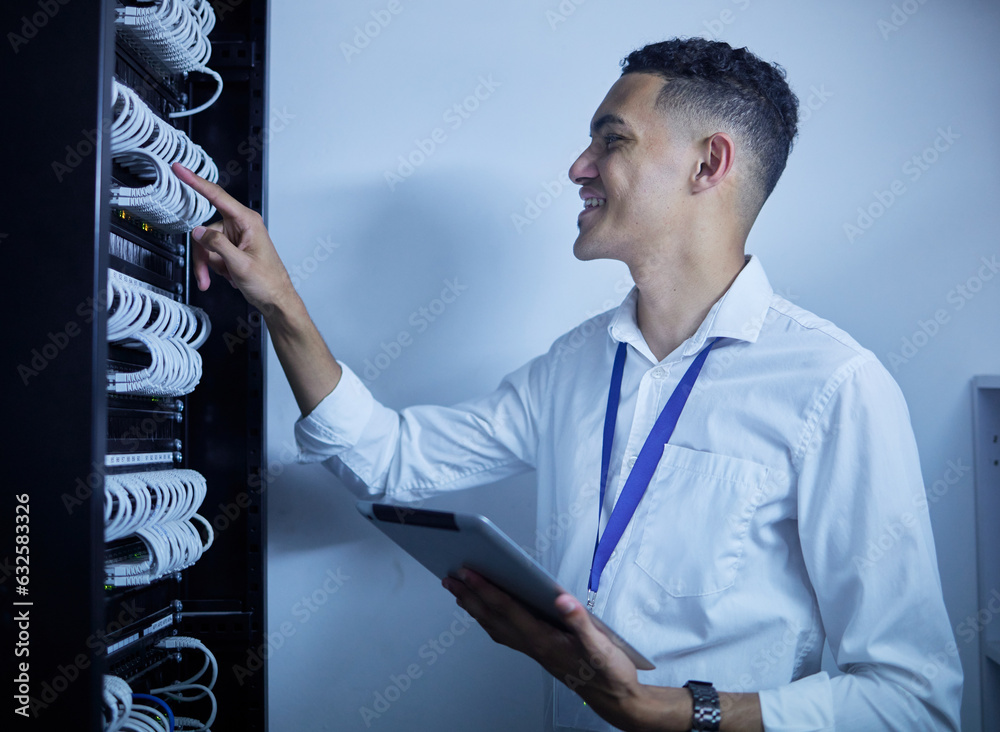 Poster man, electrician and tablet in server room or data center inspection, system solution or cybersecuri