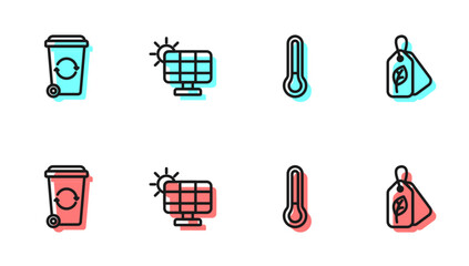 Set line Thermometer, Recycle bin, Solar energy panel and Tag with leaf icon. Vector