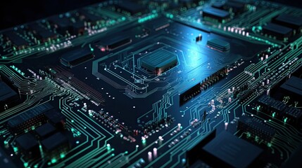 Obraz premium Tech circuit board - computer motherboard with glowing elements and printed components