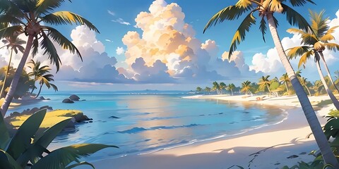 Obraz na płótnie Canvas Tropical beach with palm trees and blue ocean on a sunny day