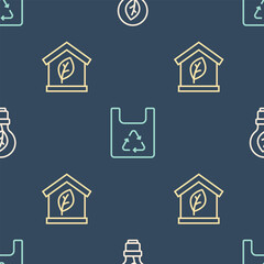 Set line Light bulb with leaf, Eco friendly house and Shopping bag recycle on seamless pattern. Vector