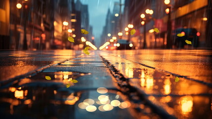 Autumn evening rainy city street and yellow leaves,cold season,night city blurred light on wet asphalt