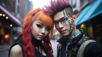 Fototapeta premium Student couple dressed up in Halloween costume. Girl and boy in spooky Halloween makeup. Street portrait of death parade participants. Generated Ai
