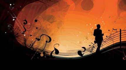 Abstract music background black and orange with staff and human silhouette