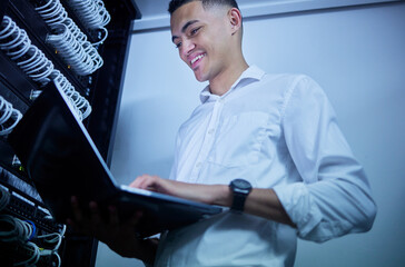 Laptop, server room technician and happy man smile for cloud computing success, data center insight...