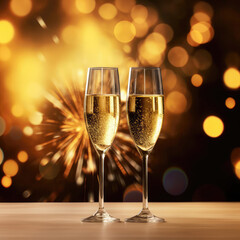 Two Champagne Glasses On Pale Yellow Color Background Of Fireworks With Empty Space. Celebrating Christmas. Generative AI