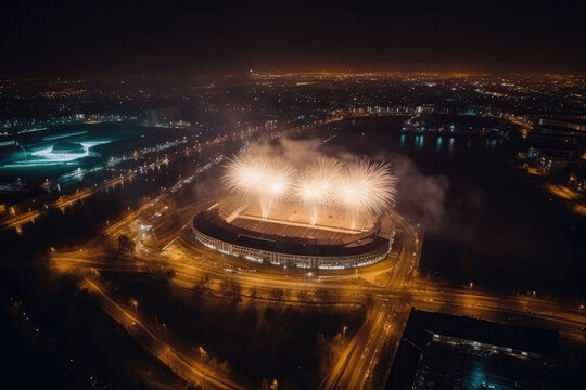 Soccer Field At Stadium At Night With Floodlights And Fireworks, View From Drone. Generative AI