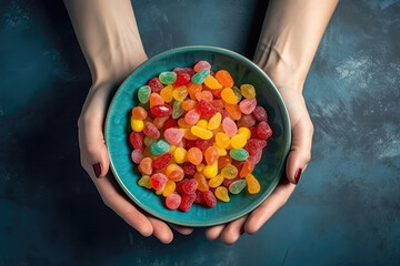 Womans Hands Holding Bowl Of Assorted Candies On Blue Background, Top View. Generative AI