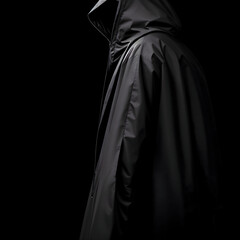 Naklejka premium Illustration, on a dark black background, a lone spy in a hood and raincoat stands sideways, high detail, best angle