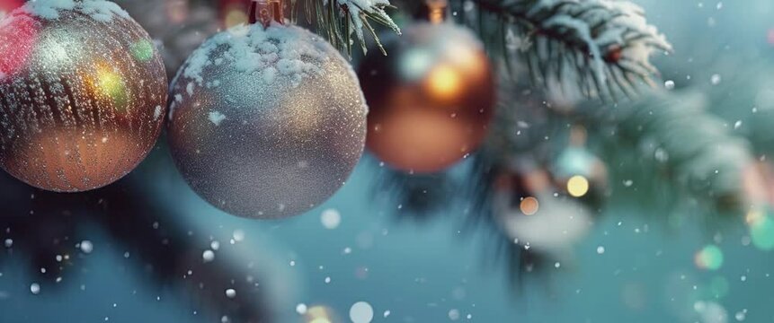New Year Christmas tree with white snow on it colorful balls nice pastel light color Christmas background. Anamorphic video