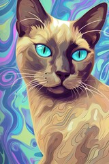 Tonkinese Siamese cat psychedelic look. Generative AI