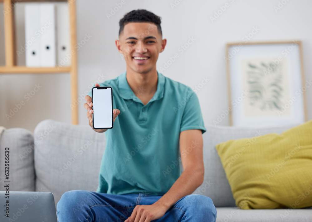 Poster phone screen, mockup and smile with portrait of man for networking, social media and space. internet