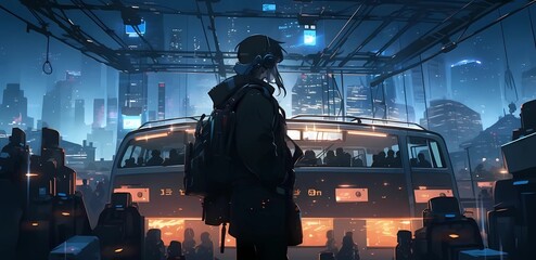 Cyberpunk cityscape in the rain at night