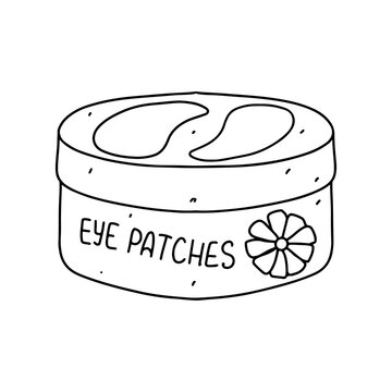 Eye patches in cosmetic jar. Hand drawn doodle style. Vector illustration isolated on white. Coloring page.