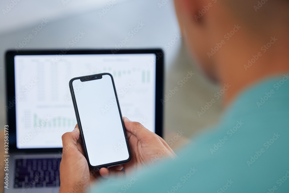 Poster Phone screen, mockup and social media, app and communication with laptop and market statistics. Smartphone, UX and technology, person and data analysis with dashboard on pc and information with UI