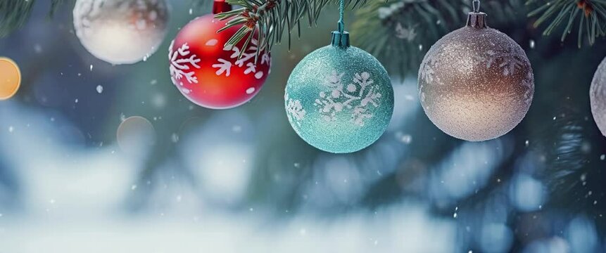 New Year Christmas tree with white snow on it colorful balls nice pastel light color Christmas background. Anamorphic video