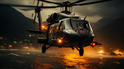 Fototapeta na wymiar War helicopter in a danger zone cinematic