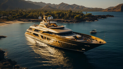 Obraz premium Super mega yacht en or dans la mer à côtés d’îles en été