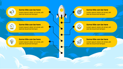 Infographic template. The path to success with a rocket and 6 steps