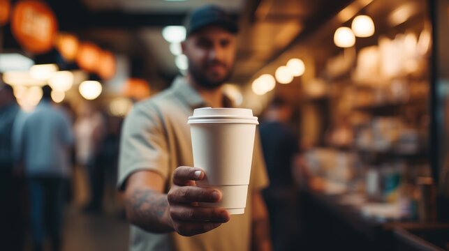 The barista hands you a cup of coffee. coffee to go or coffee break
