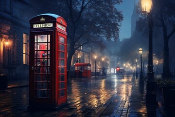 Naklejka premium Red phone or telephone booth in the middle of city street in lanterns light