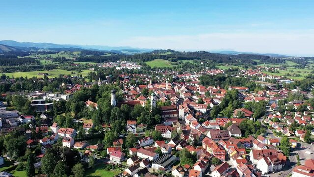 Aerial view, drone video of Isny im Allgaeu with a view of the castle and the historic old town. Isny im Allgaeu, Ravensburg, Tuebingen, Baden-Wuerttemberg, Germany, Europe