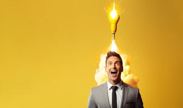 Rocket launching from businessman head, New Project, Start-up, Creativity, Big idea