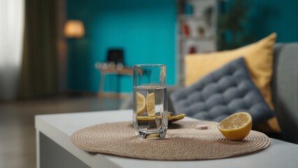 Glass of water standing on the table with sliced lemon and pills laying around, close up shot in the living room