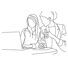 Vector business meeting discussion between worker in cafe round table cartoon Line art. Business training and presentation concept. continuous line drawing of office workers at business meetings
