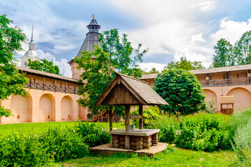 Suzdal, Vladimir Oblast, Russia - 5 July 2023: Defensive towers and walls in the apothecary's garden in Spaso-Evfimiev (Saint Euthymius) Monastery in Suzdal.