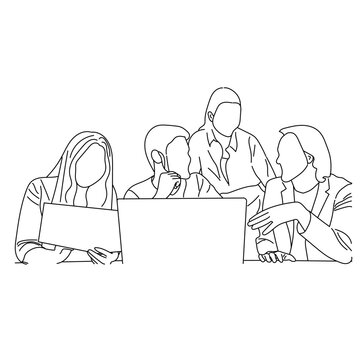 recommend clip art: Vector business meeting discussion between worker in cafe round table cartoon Line art. Business training and presentation concept. continuous line drawing of office workers at business meetings